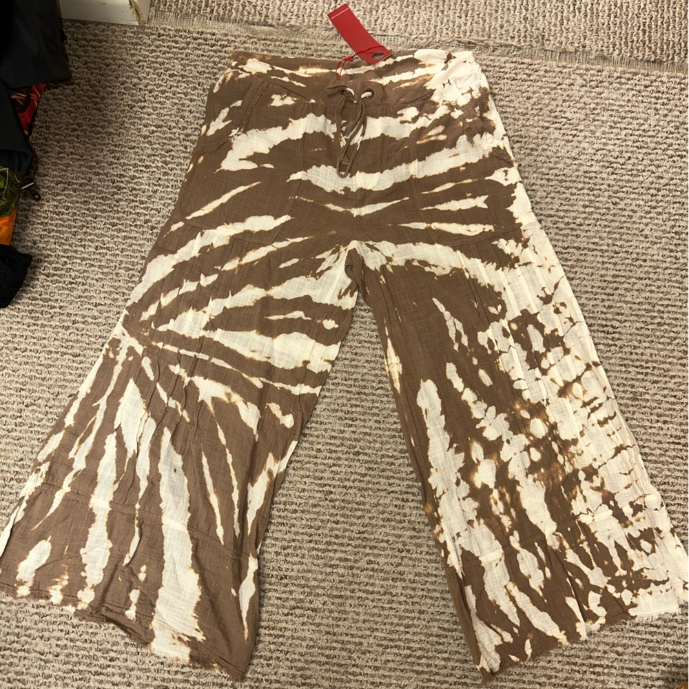 Brown and Cream Tie-Dye Wide-Leg Pants